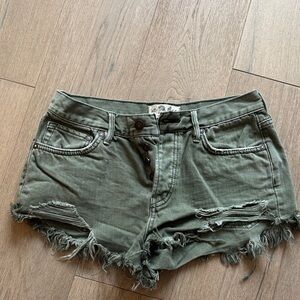 Free People Olive Green Distressed Jean Shorts